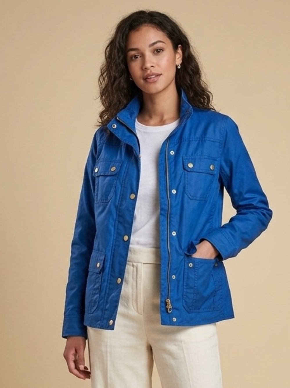 J.Crew Downtown Field Jacket Blue Waxed Canvas Utility Coat Gold Snaps
